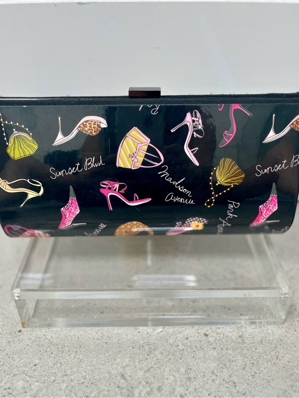Hard Case Black Clutch with Pink and Yellow Shoe Print